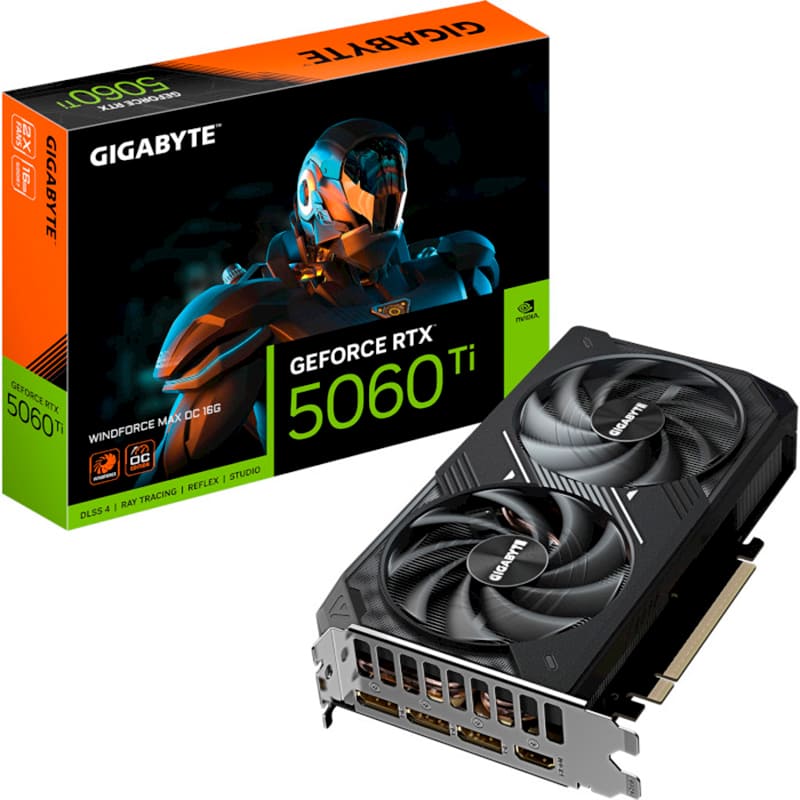 Изображение Видеокарта GIGABYTE GeForce RTX 5060 TI 16GB 128bit 2572/28000MHz WINDFORCE Max OC (GV-N506TWF2MAX OC-16GD)