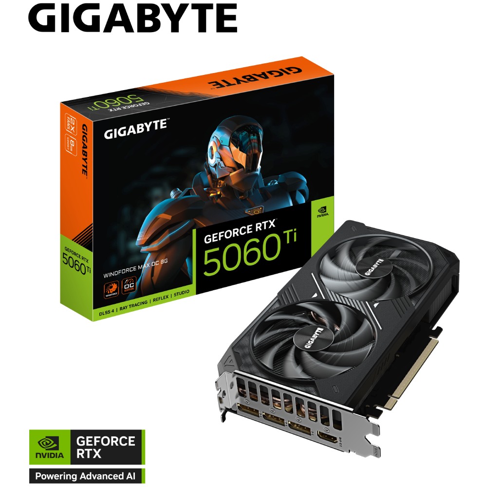 Изображение Видеокарта GIGABYTE GeForce RTX 5060 Ti 8GB 128bit 2587/28000MHz WINDFORCE OC MAX (GV-N506TWF2MAX OC-8GD)