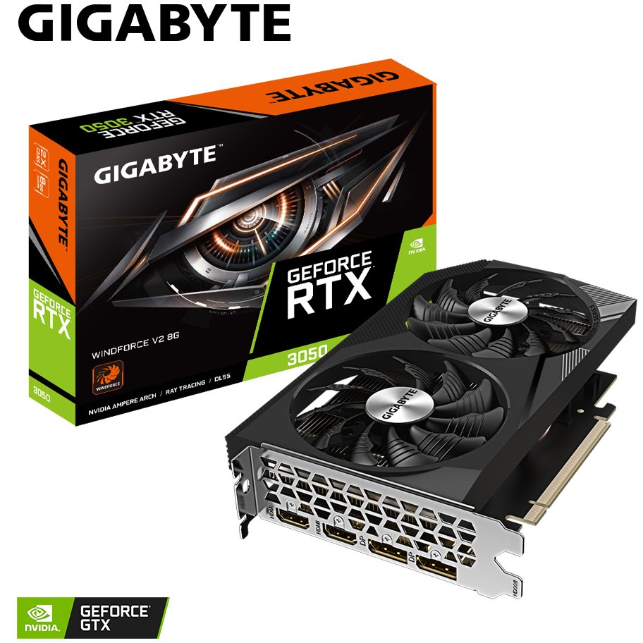 Фото Видеокарта GIGABYTE GeForce RTX 3050 8GB 128bit 1777/14000MHz WINDFORCE 2 (GV-N3050WF2V2-8GD)