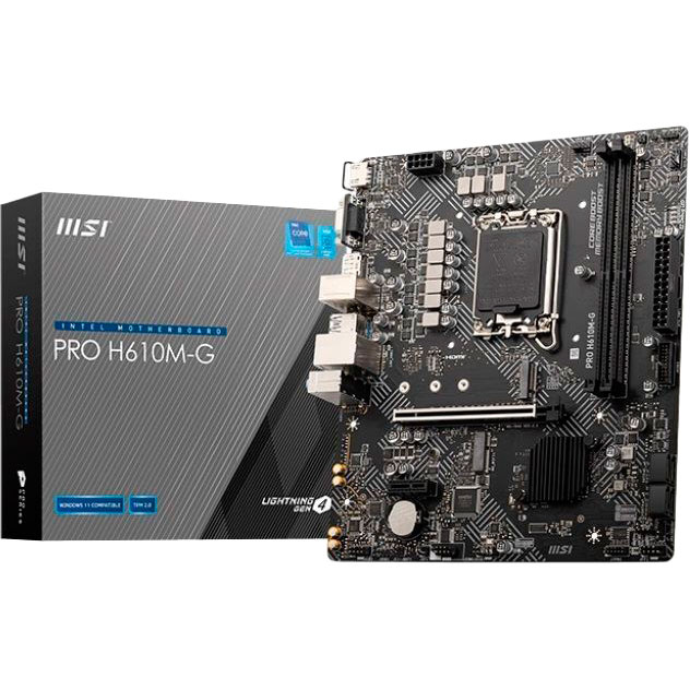 Материнская плата MSI PRO H610M-G s1700 mATX Поддерживаемые процессоры Intel Core 13th Generation; Intel Core 12th Generation; Intel Core 14th Generation