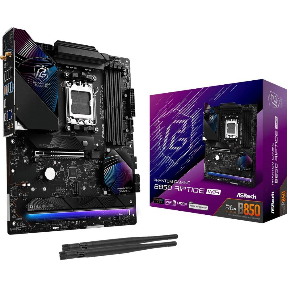 Внешний вид Материнcкая плата ASROCK sAM5 AMD 4xDDR5 (B850 RIPTIDE WIFI)