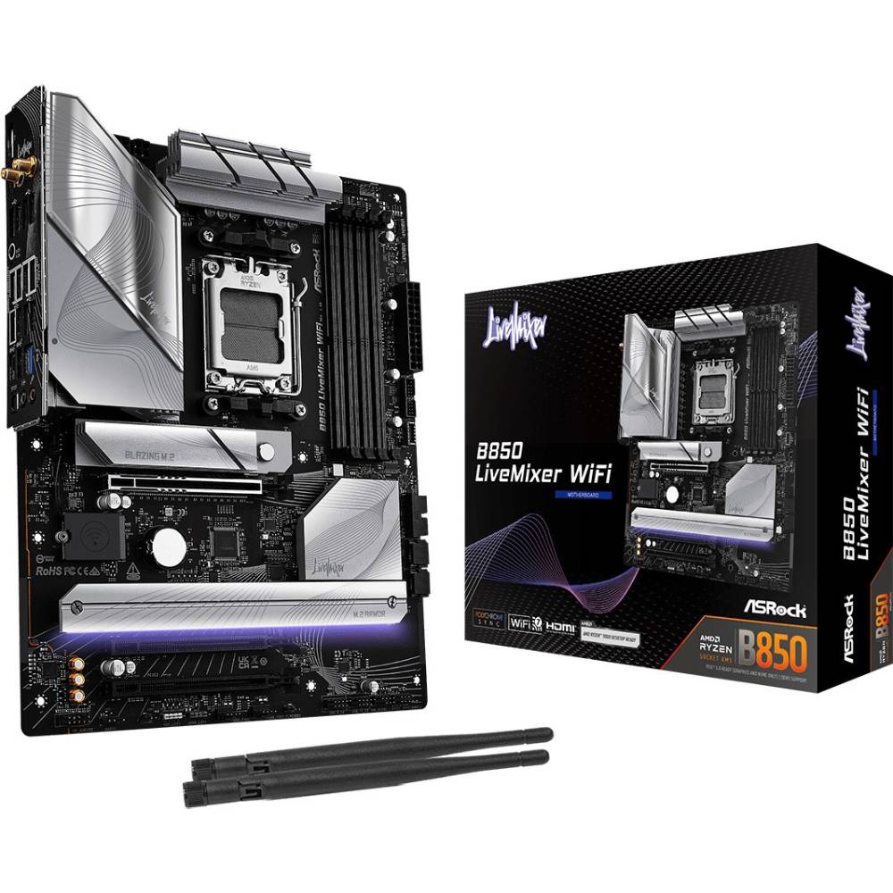 Внешний вид Материнcкая плата ASROCK sAM5 AMD 4xDDR5 (B850 LIVEMIXER WIFI)