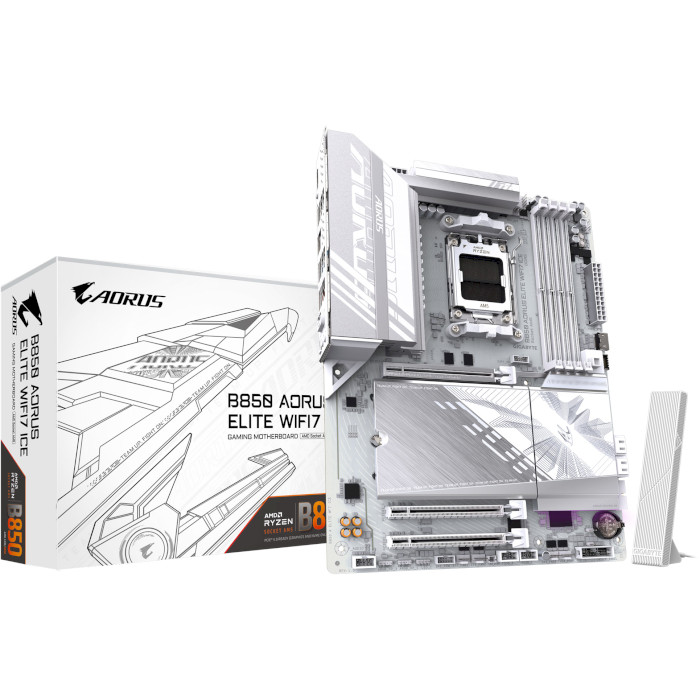 Материнская плата GIGABYTE B850 AORUS ELITE WIFI7 ICE Поддерживаемые процессоры AMD Ryzen 9000 Series Processors, AMD Ryzen 8000 Series Processors, AMD Ryzen 7000 Series Processors