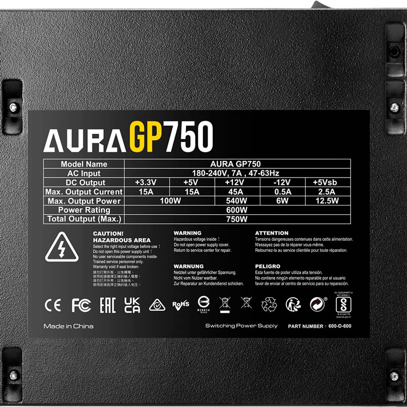 Блок питания GAMDIAS AURA GP750 EU Power Cord (4711514500820) Мощность 750