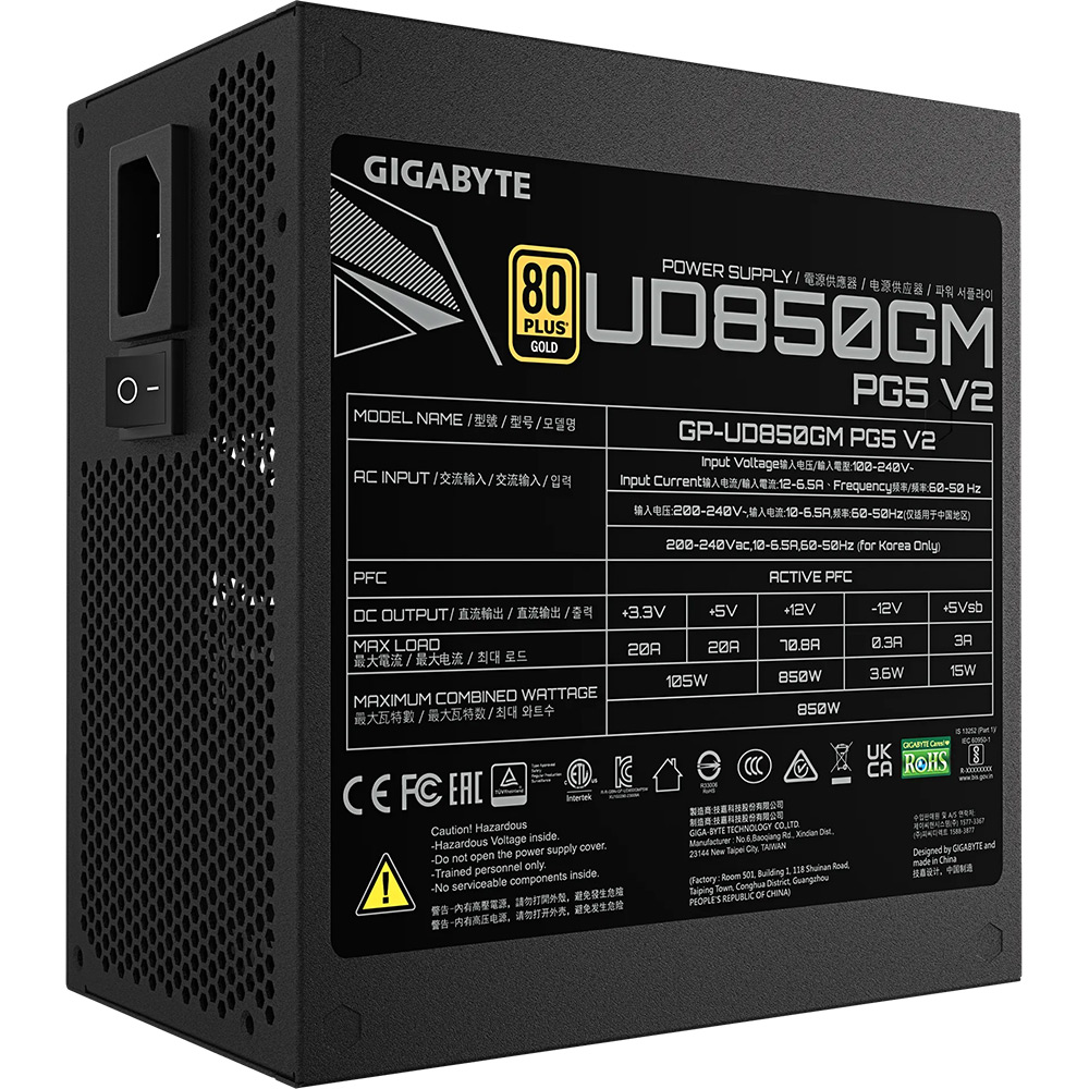 Блок живлення GIGABYTE ATX3.1 850W GP-UD850GM PG5 V2 Корекція коефіцієнта потужності PFC   активна
