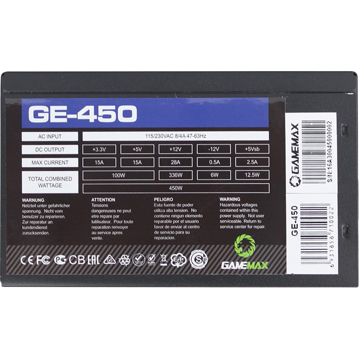 Блок питания GAMEMAX GE-450 450W Назначение для настольного компьютера