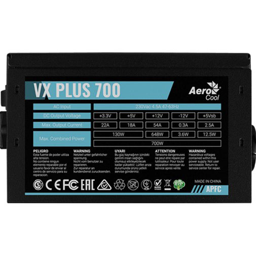 Блок питания AEROCOOL VX PLUS 700 700W Назначение для настольного компьютера
