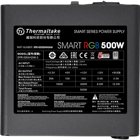 Блок живлення THERMALTAKE Smart RGB 500W (PS-SPR-0500NHSAWE-1) Корекція коефіцієнта потужності PFC   активна