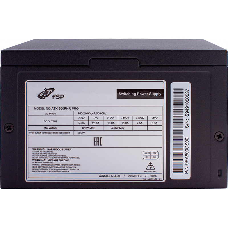 Блок живлення FSP 500W ATX-500W PNR PRO silent fan 120mm Корекція коефіцієнта потужності PFC   активна