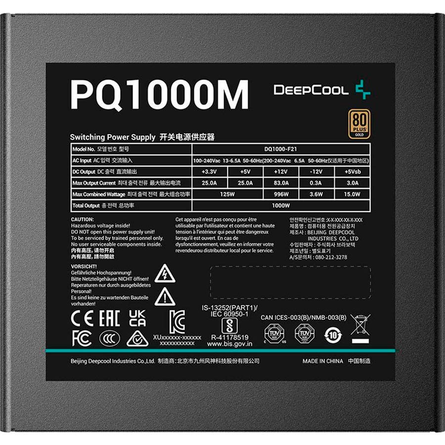 Блок питания DEEPCOOL PQ1000M 1000W (R-PQA00M-FA0B-EU) Коррекция коэффициента мощности PFC   активная