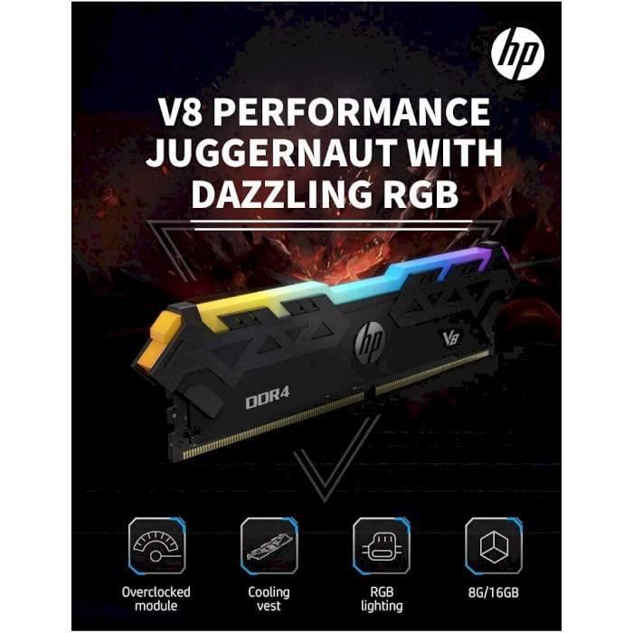 Модуль пам'яті HP V8 DDR4 16GB 3000 RGB Retail (7EH83AA) Призначення для настільного комп'ютера