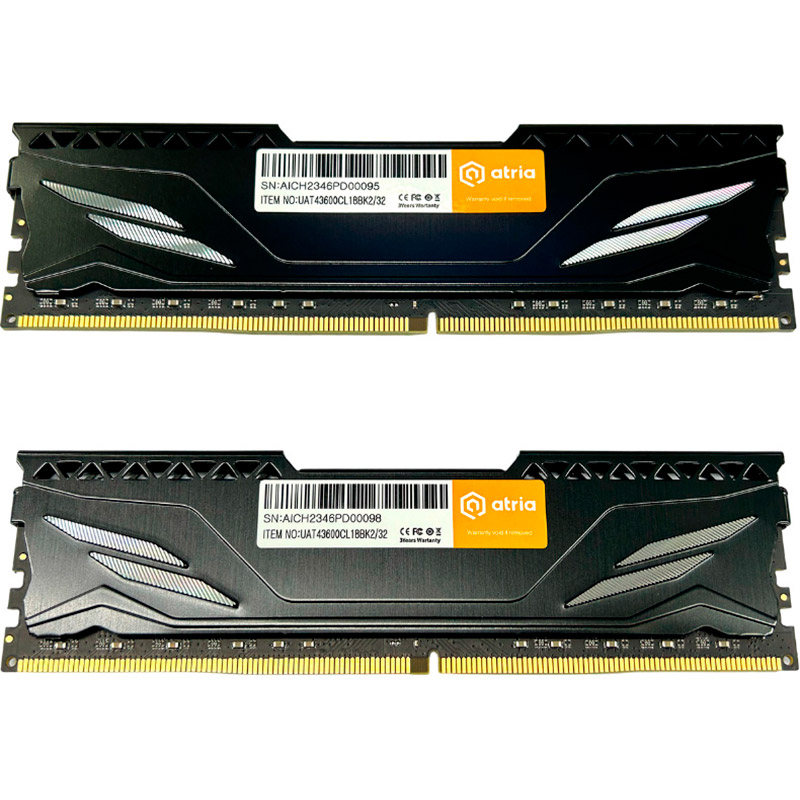 Набір ATRIA 32Gb DDR4 3600MHz Atria Fly Black (UAT43600CL18BK2/32) Призначення для настільного комп'ютера