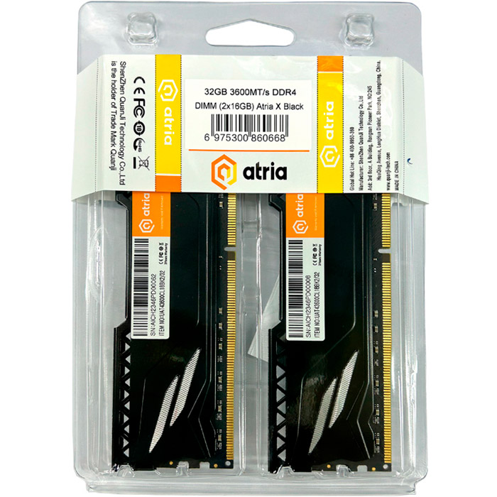 Набір ATRIA 32Gb DDR4 3600MHz Atria Fly Black (UAT43600CL18BK2/32) Тип DDR4