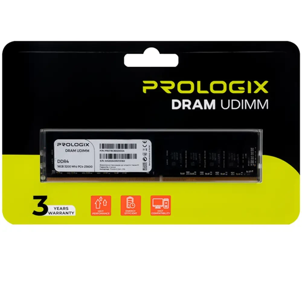 Модуль памяти PROLOGIX DDR4 16GB 3200MHz (PRO16GB3200D4) Объем 16 Гб