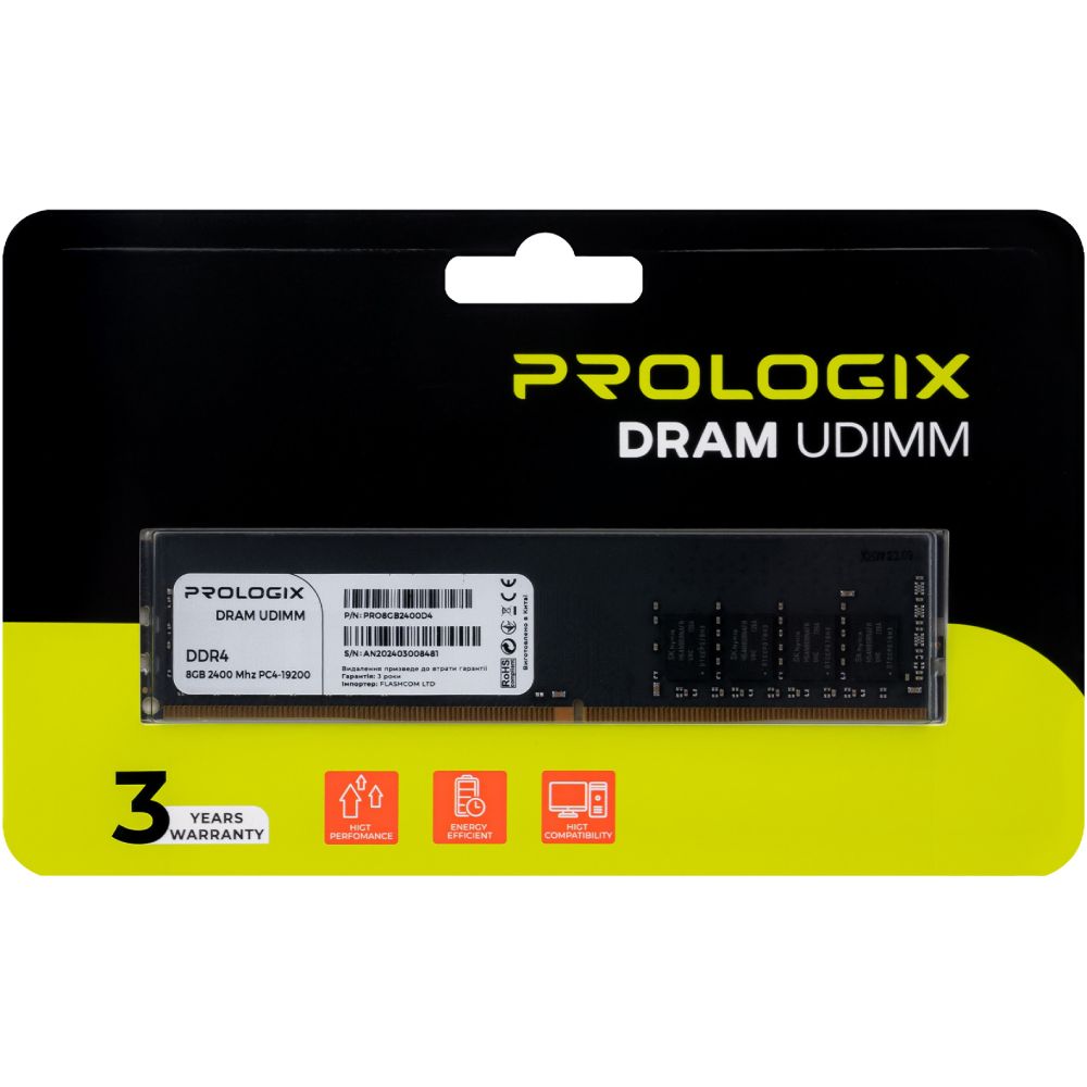 Модуль пам'яті PROLOGIX DDR4 8GB 2400MHz (PRO8GB2400D4) Об'єм 8 Гб