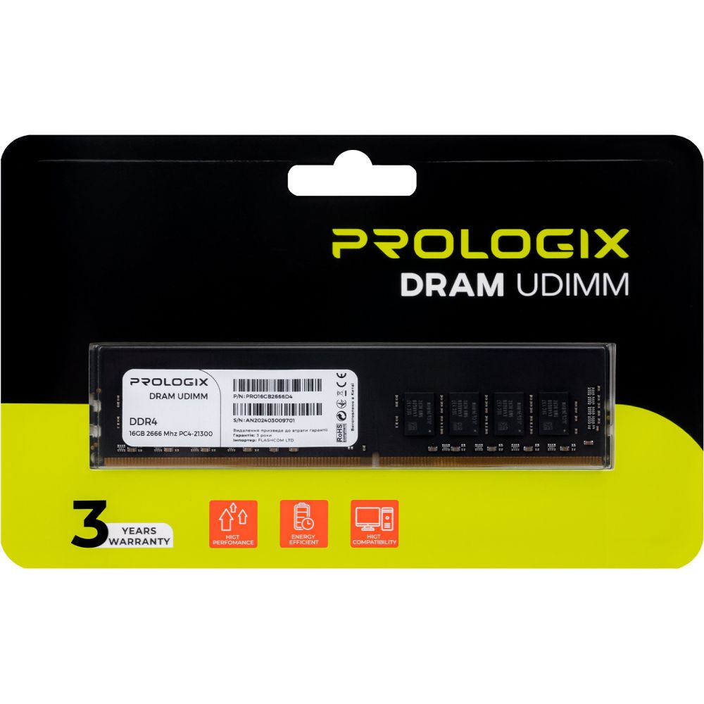 Модуль пам'яті PROLOGIX DDR4 16GB 2666MHz (PRO16GB2666D4) Об'єм 16 Гб