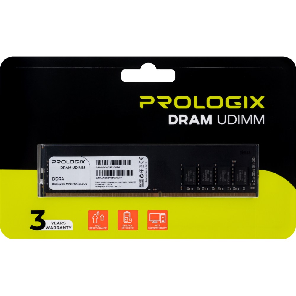 Модуль памяти PROLOGIX DDR4 8GB 3200 (PRO8GB3200D4) Объем 8 Гб