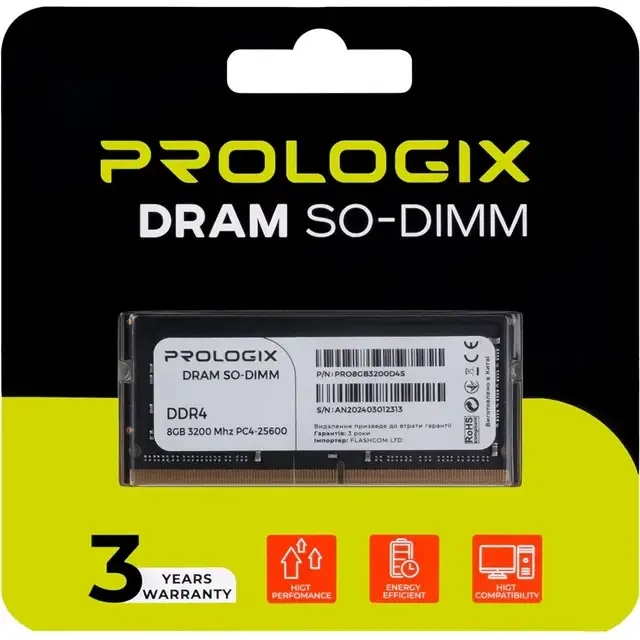 Модуль памяти PROLOGIX SO-DIMM DDR4 8GB 3200 (PRO8GB3200D4S) Объем 8 Гб