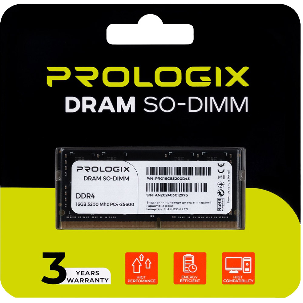 Модуль памяти PROLOGIX SO-DIMM 16GB 3200МГц DDR4 (PRO16GB3200D4S) Объем 16 Гб