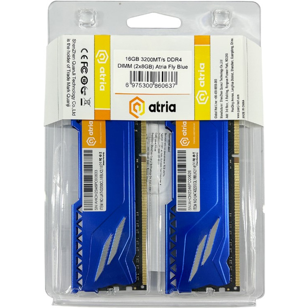 Модуль памяти ATRIA DDR4 Fly Blue (UAT43200CL18BLK2/16) Тип DDR4