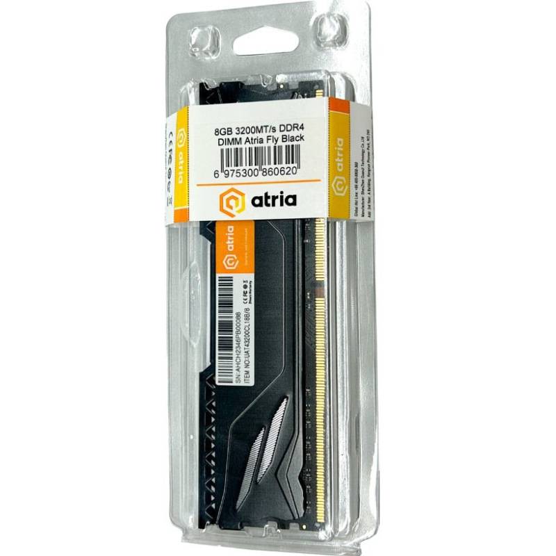 Модуль памяти ATRIA 8Gb DDR4 3200MHz Atria Fly Black (UAT43200CL18B/8) Тип DDR4