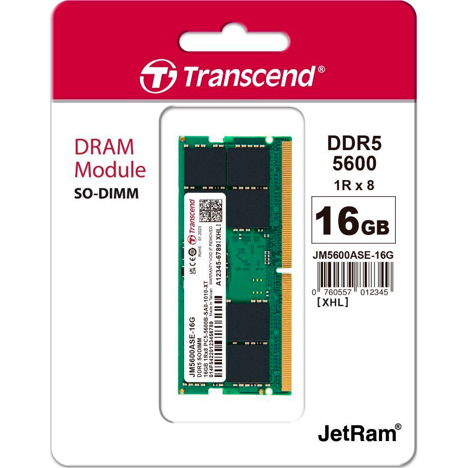 Модуль памяти TRANSCEND 16GB DDR5 5600MHz JetRam (JM5600ASE-16G) Назначение для ноутбука