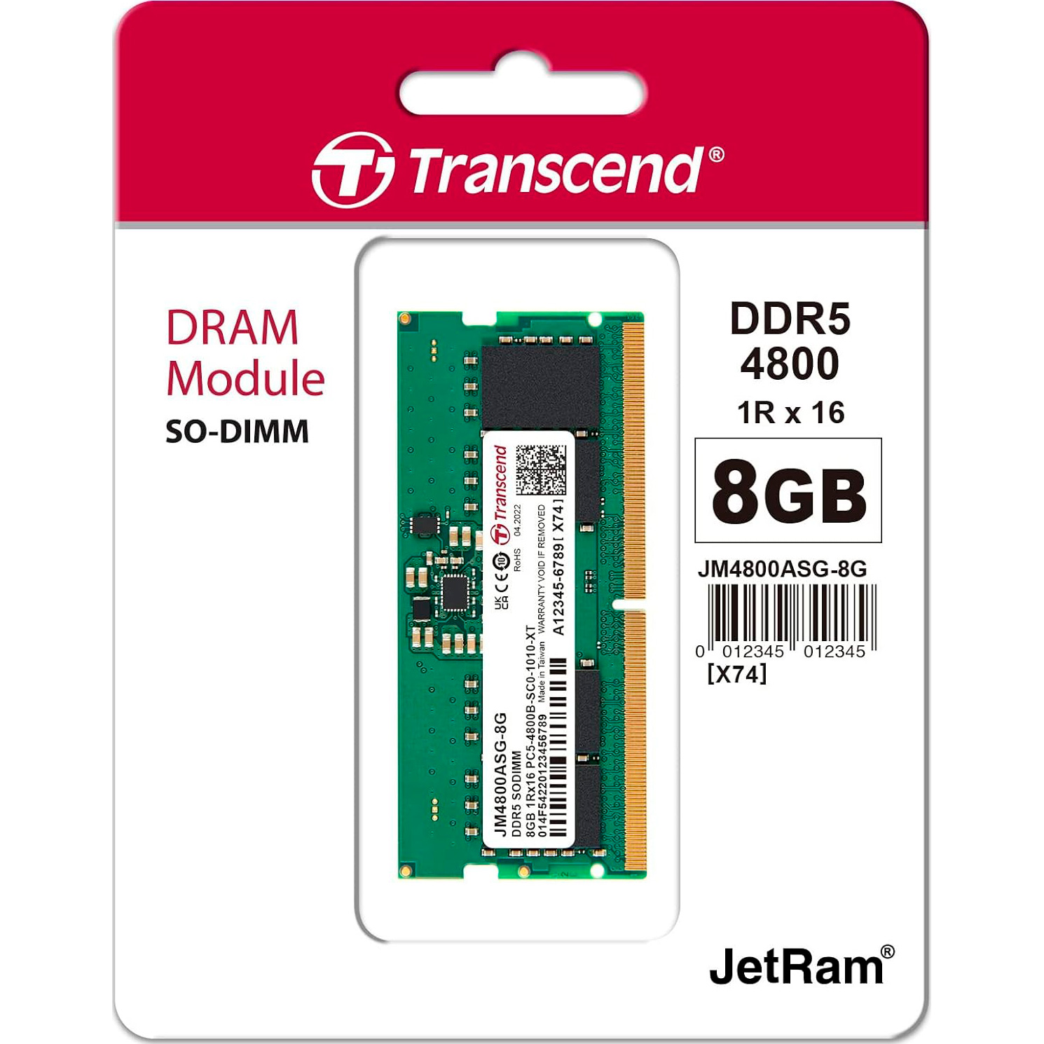 Модуль памяти TRANSCEND 8GB DDR5 4800MHz JetRam (JM4800ASG-8G) Назначение для ноутбука