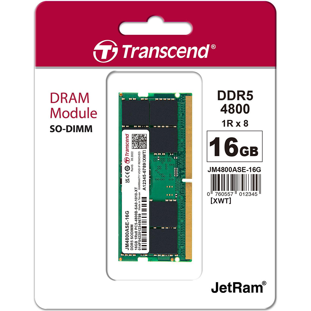 Модуль памяти TRANSCEND 16GB DDR5 4800MHz JetRam (JM4800ASE-16G) Назначение для ноутбука