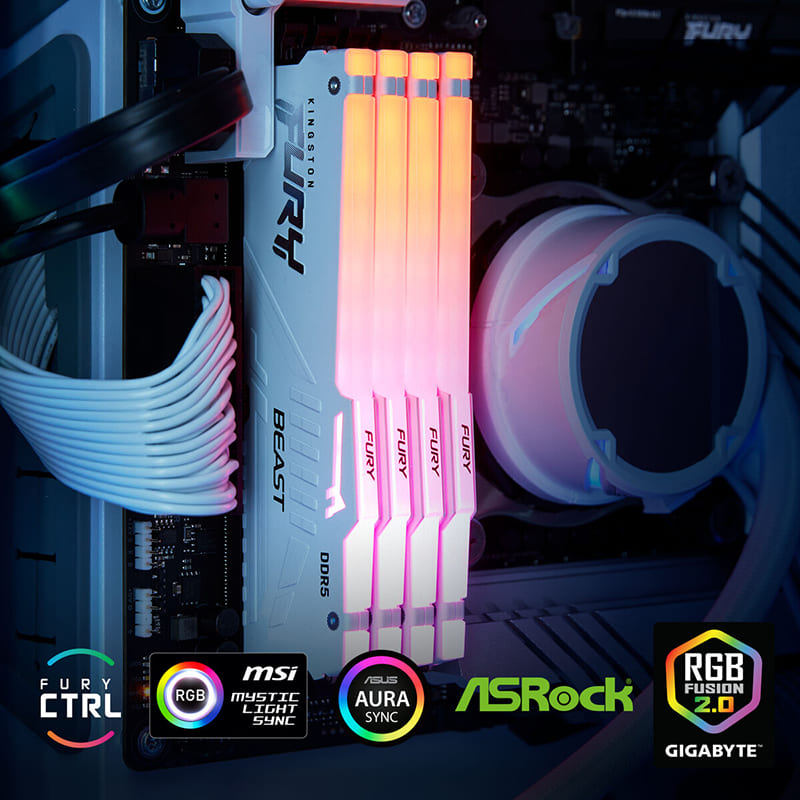Внешний вид Набор KINGSTON 32GB DDR5 5200 MHz FURY Beast White RGB (KF552C40BWAK2-32)