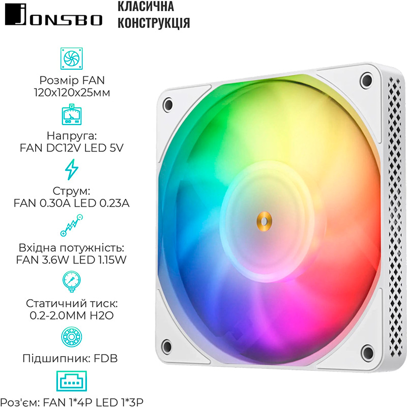 Кулер корпусный JONSBO HF1215 White ARGB 120 мм Диаметр вентилятора, мм 120