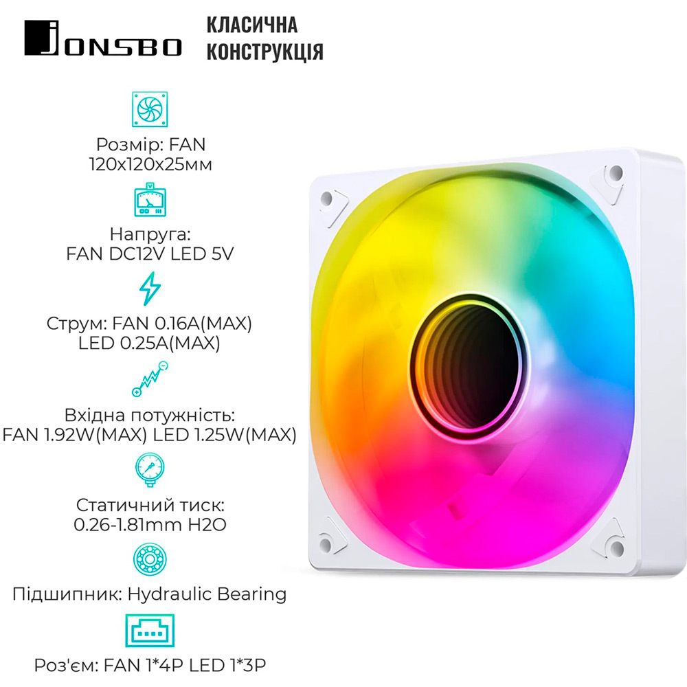 Зображення Кулер корпусний JONSBO SL-120WR White RGB (120mm, 600-1500RPM, 32dB, 4pin+LED 3pin)