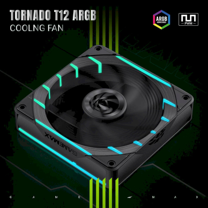 Вентилятор GameMax Tornado T12 ARGB Black Діаметр вентиляторав, мм 120