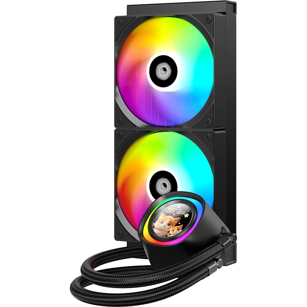 Система водяного охолодження ID-COOLING FX240 LCD Додатково LCD дисплей 1.48"; ARGB підсвічування; TDP до 300 W; радіатор 27 мм зі збільшеною площею охолодження (+37%); ПЗ для відображення контенту та моніторингу системи; 2 вентилятори 120 мм