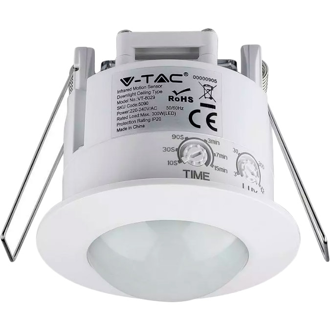 

Датчик движения и освещенности V-TAC SKU-5090 230V 360° (3800157609210), SKU-5090, 230V, 360°