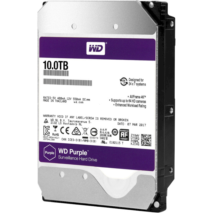 

Жесткий диск WD 3.5" SATA 3.0 10TB 7200 256MB Purple Surveillance (WD102PURZ), 3.5" SATA 3.0 10TB 7200 256MB Purple Surveillance