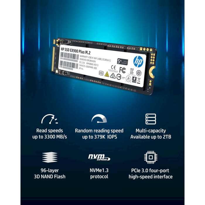 SSD накопичувач HP 2TB EX900 Plus M.2 2280 3D NAND Retail (35M35AA) Тип твердотільний накопичувач (SSD)