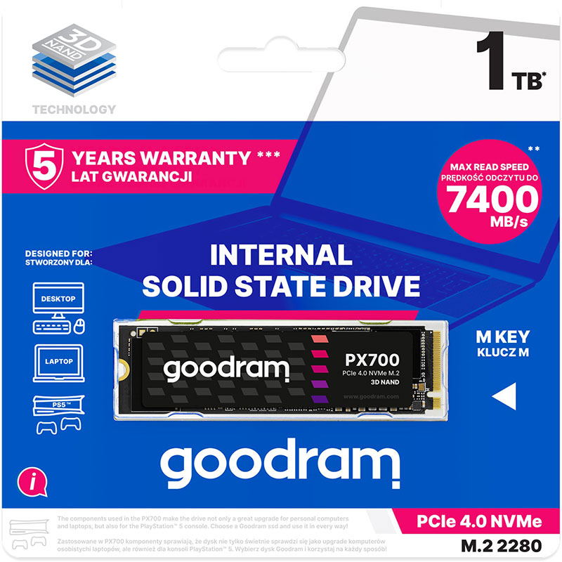 SSD накопичувач GOODRAM 1Tb PX700 M.2 2280 PCIe NVMe 3D NAND, Retail (SSDPR-PX700-01T-80) Ємність 1 Тб
