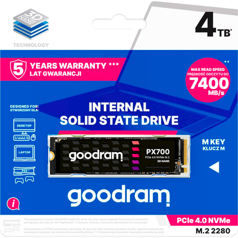 SSD накопитель GOODRAM M.2 4TB PX700 NVMe PCIe 4.0 2280 (SSDPR-PX700-04T-80) Форм-фактор M.2