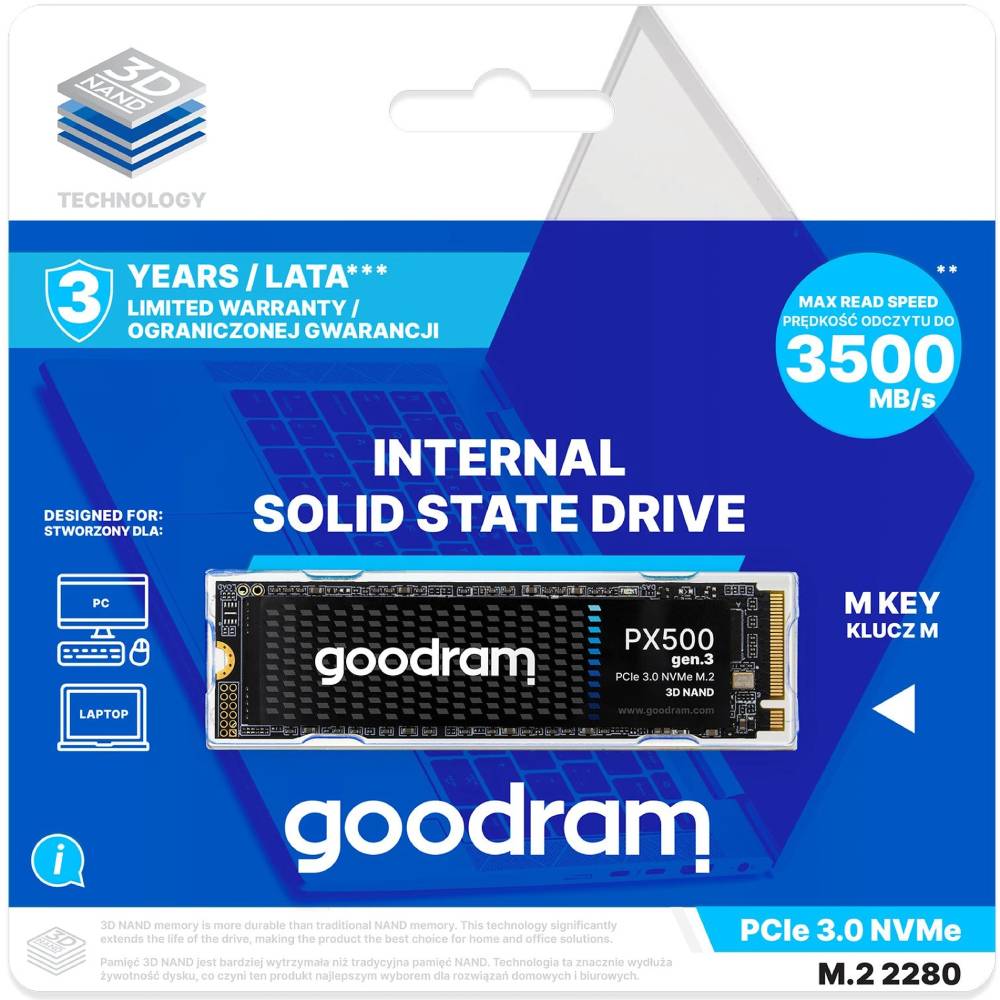 SSD накопитель GOODRAM 1TB PX500 M.2 2280 PCIe (SSDPR-PX500-01T-80-G3) Тип твердотельный накопитель (SSD)