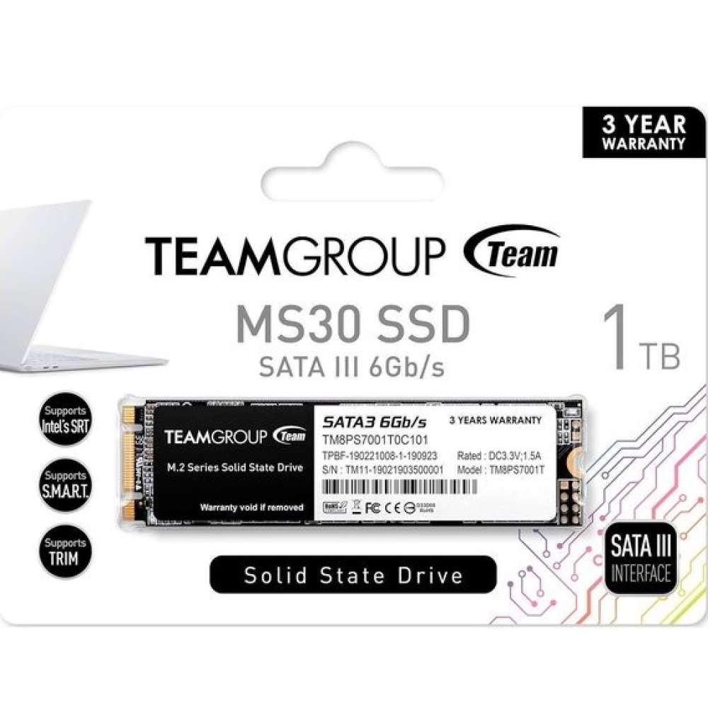 SSD накопитель TEAM M.2 SATA3 MS30 1TB RETAIL (TM8PS7001T0C101) Емкость 1 Тб