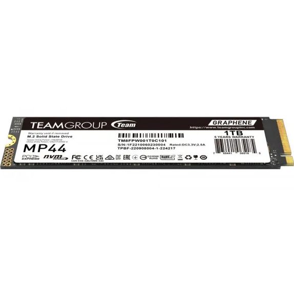 SSD накопитель TEAM MP44 1TB (TM8FPW001T0C101) Дополнительно Размеры: 80 x 22 x 3.7 мм; Графеновая этикетка с рассеянием тепла; Программное обеспечение мониторинга SMART