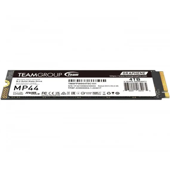 SSD накопитель TEAM MP44 4TB (TM8FPW004T0C101) Дополнительно Размеры: 80 x 22 x 3.7 мм; Графеновая этикетка с рассеянием тепла; Программное обеспечение мониторинга SMART