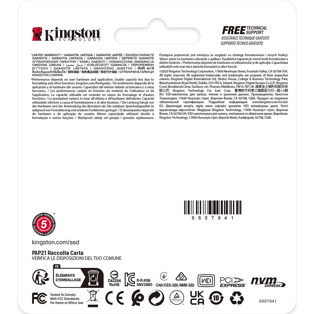 SSD накопитель KINGSTON NV3 500GB M.2 2230 NVMe PCIe 4.0 x4 3D NAND (SNV3SM3/500G) Тип твердотельный накопитель (SSD)