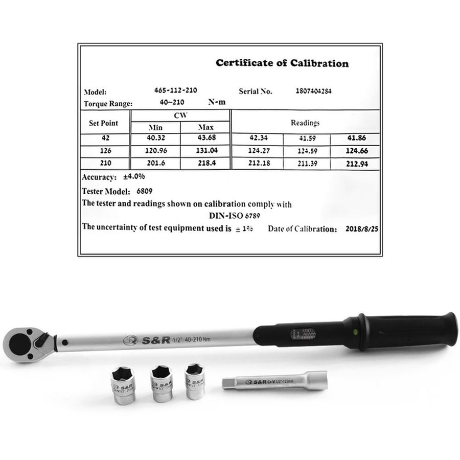 Ключ динамометрический S&R 560 мм + удлинитель125 мм + головки 17/19/21 мм (465112210) Минимальное усилие затягивания 40