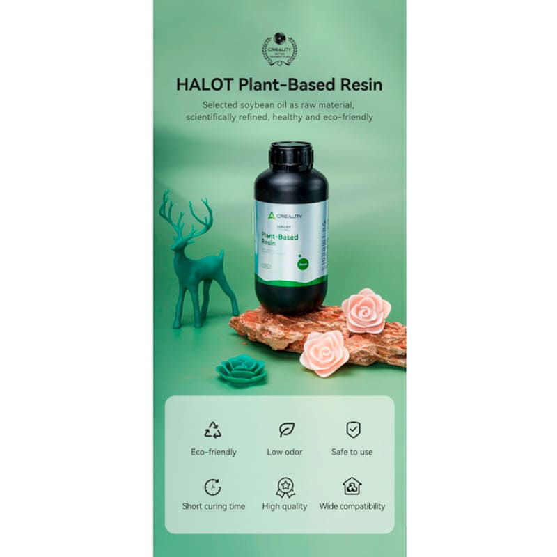 Фотополимерная смола CREALITY HALOT Plant-Based 1 кг Green (3302130005) Дополнительно Экологичность; Высокое качество печати; Экономичность; Совместимость с LCD/DLP 3D принтером 