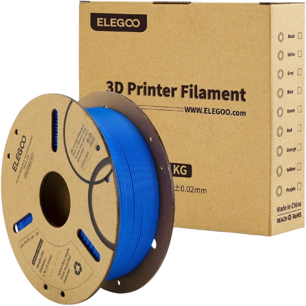 Пластик для 3D принтера ELEGOO PLA 1кг 1.75мм Dark Blue (50.203.0068) Дополнительно Общего назначения; Технология печати: FDM; Рекомендуемая скорость печати: 30-100 мм/с; Плотность: 1.05-1.25 г/см³