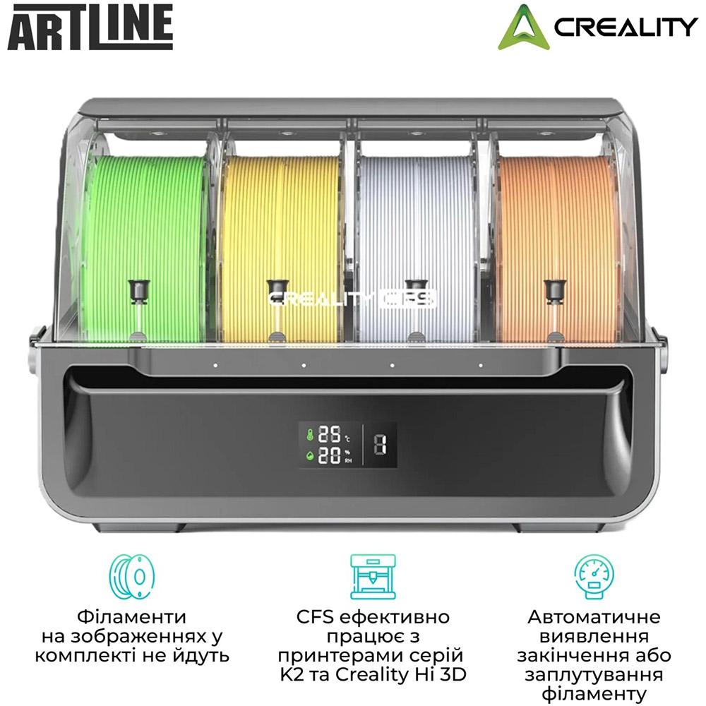 Автоматична система заміни філаментів Creality Filament System для 3D принтера CREALITY (1002120001) Додатково Вимоги до котушки: Котушка 1 кг або будь-яка котушка діаметром 197-202 мм; ширина котушки: 42-68 мм; Сумісні філаменти: PLA, ABS, PETG, ASA, PET, PA-CF, PLA-CF (не сумісний з вологими філаментами, а також з TPU95A та іншими гнучкими матеріалами)