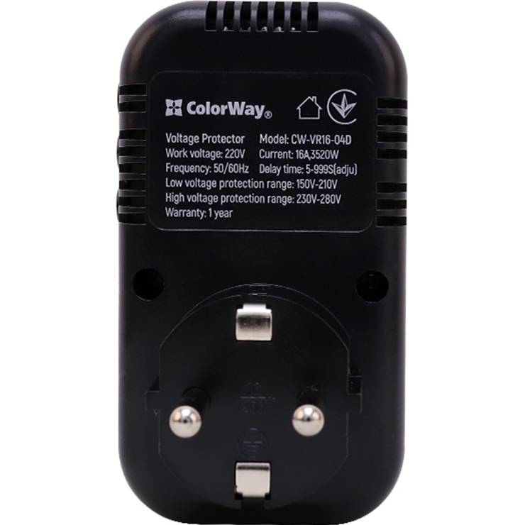 Реле напруги COLORWAY 16A/3680W 150V-210V/230V-280V DS4 Black (CW-VR16-04D) Верхній поріг напруги 230-280 В