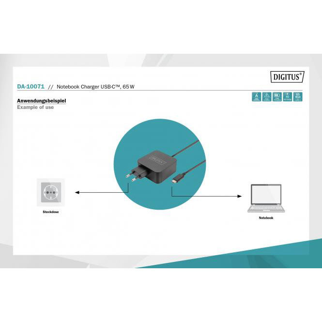 Блок живлення DIGITUS для ноутбука USB-C 65W (DA-10071) Вихідна потужність 65