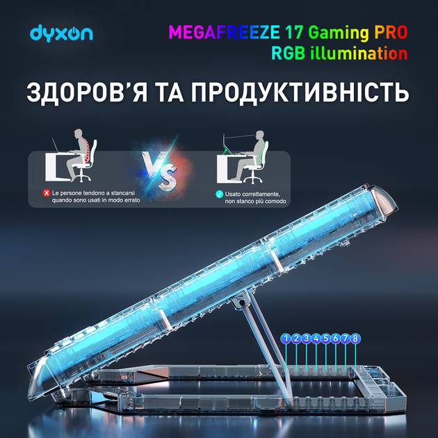 Подставка для ноутбука DYXON MEGAFREEZE 17 Gaming PRO RGB illumination White (DXNMGFGP17W) Особенности держатель для телефона